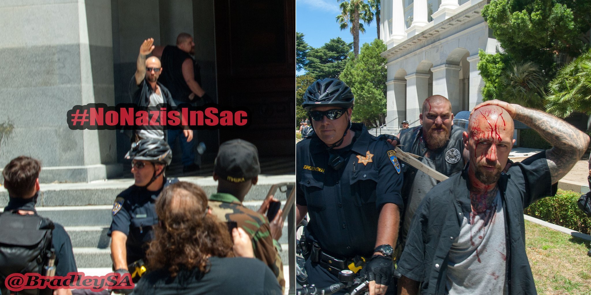 Jonathan Jordan, doing the Nazi salute on the Capitol steps on June 26, 2016, then Jordan soon after, bloodied and escorted off Capitol grounds by California Highway Patrol