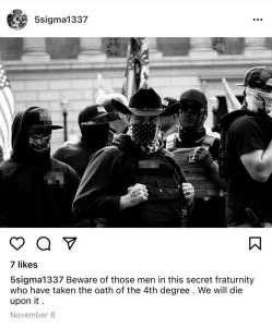 An Example of the way Christopher Young obscures his membership in the Proud Boys on Instagram. Note: “4th degree” refers to the Proud Boys who have engaged in violence with “enemies”